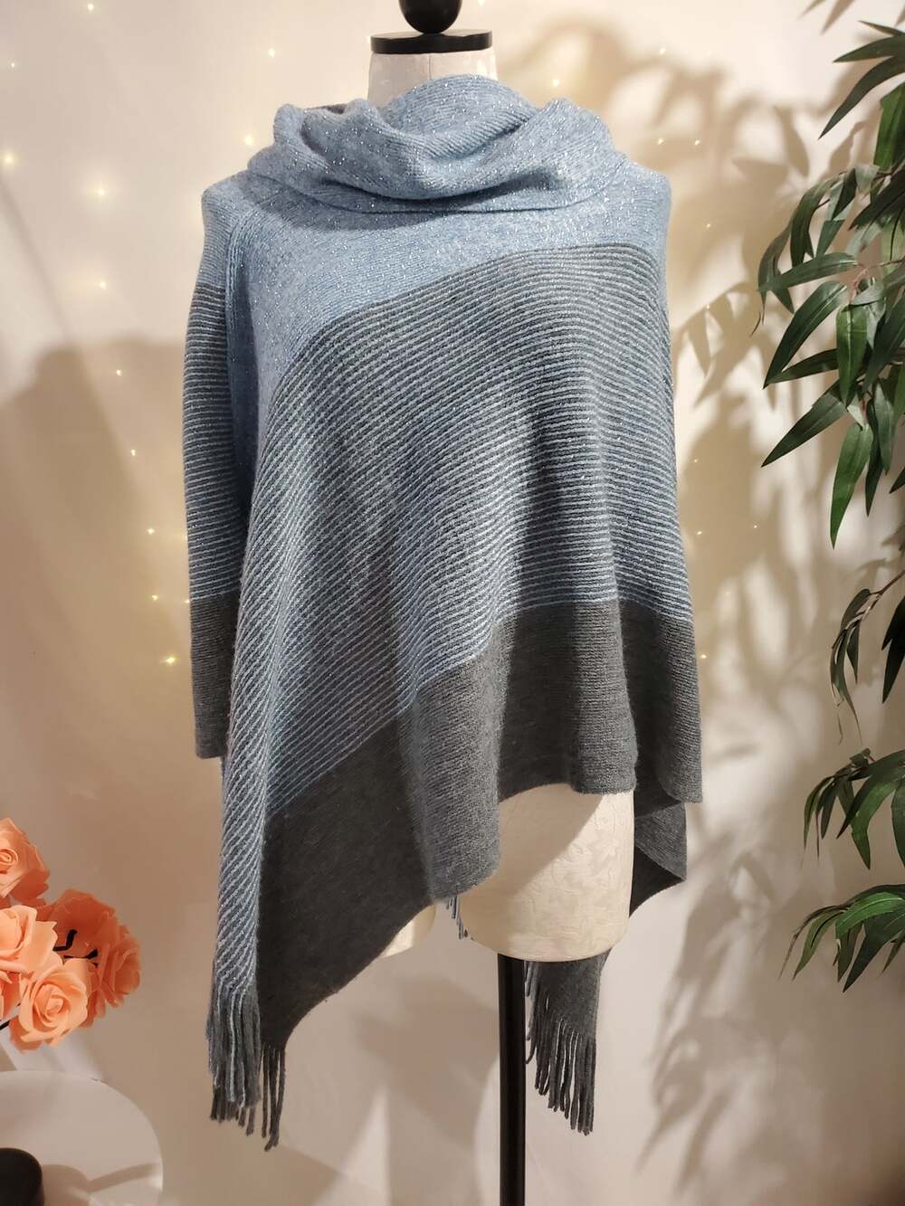 Chicos Womens Cowl Neck Sparkle Stripe Fringe Poncho Sweater One Size Blue Cozy